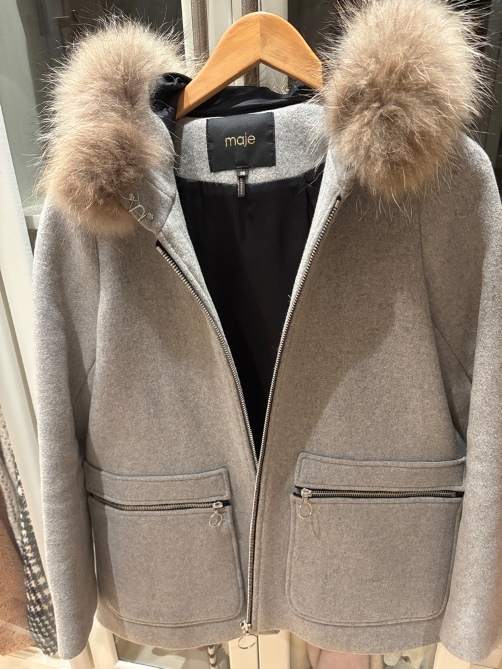 Maje Light Gray Wool Puffer Coat with Taupe Fur Trim